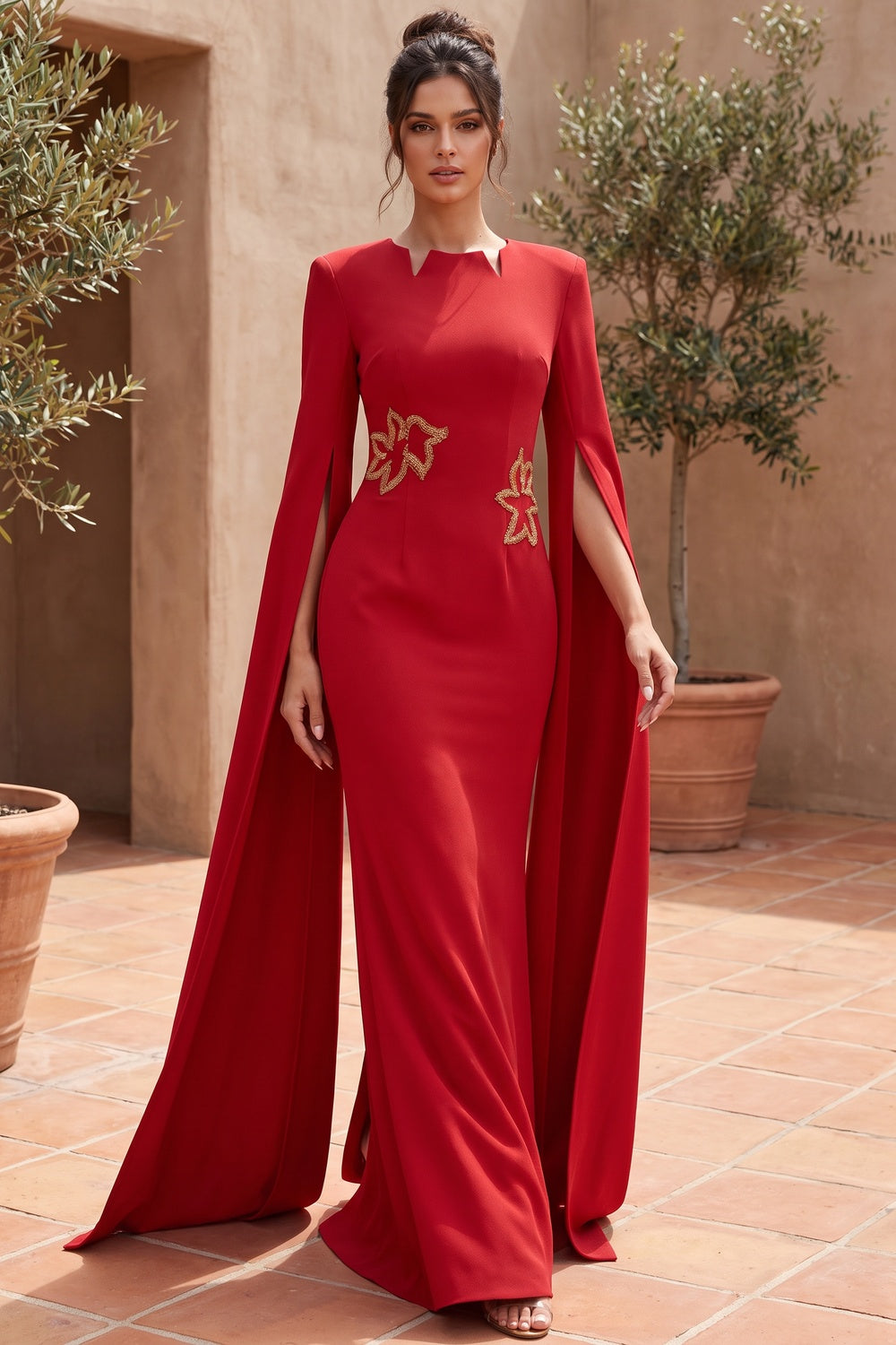 Red Crepe Column Gown with Cape Sleeves Red Crepe Gown - product view 8