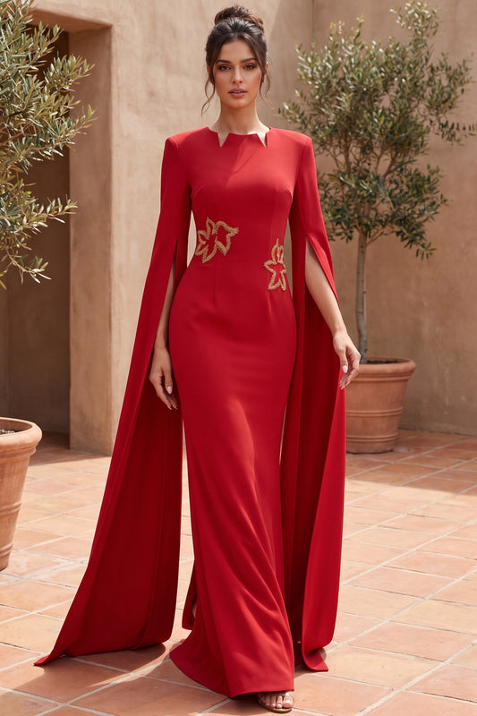 Red Crepe Column Gown with Cape Sleeves Red Crepe Gown - product view 8