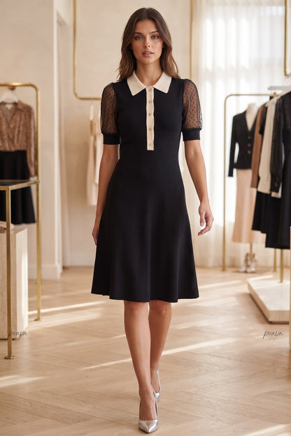 Black Fine Knit A-Line Dress with Contrast Collar black fine knit dress - product view 8