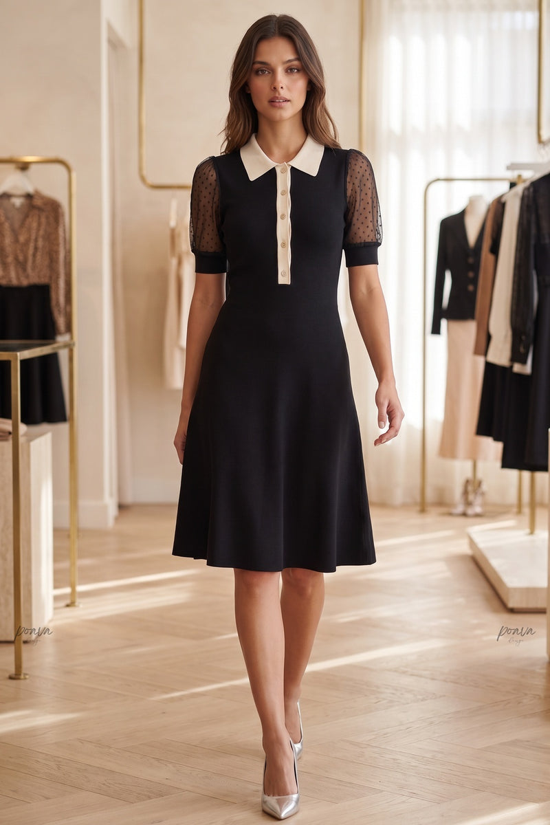 Black Fine Knit A-Line Dress with Contrast Collar