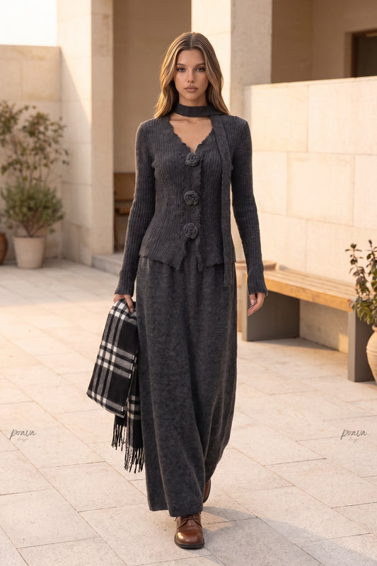 Dark Grey Ribbed Knit Two-Piece Set with Rose Buttons and Choker Dark grey, Charcoal Ribbed knit Two-piece knit set (cardigan and maxi skirt with matching neckband) - product view 8