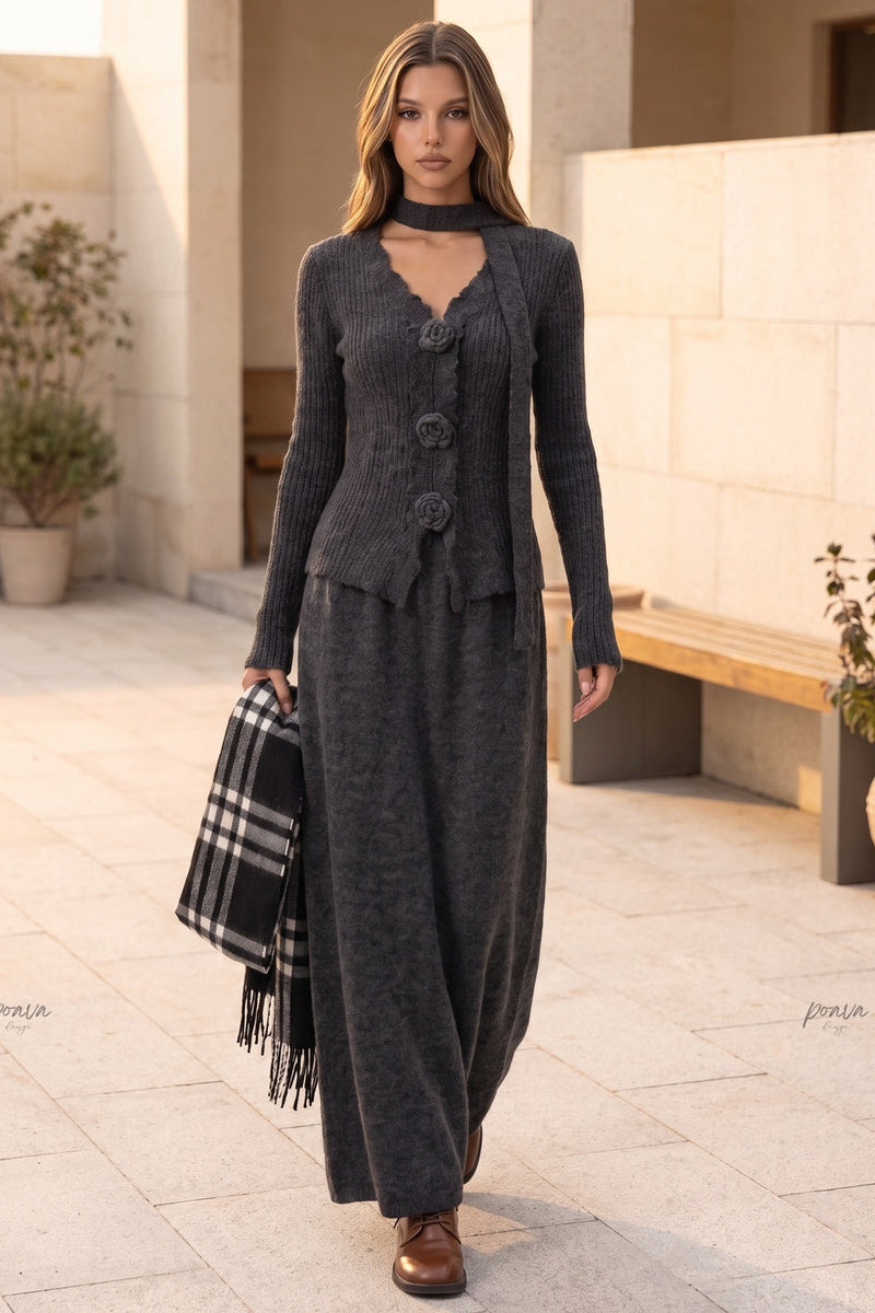 Dark Grey Ribbed Knit Two-Piece Set with Rose Buttons and Choker