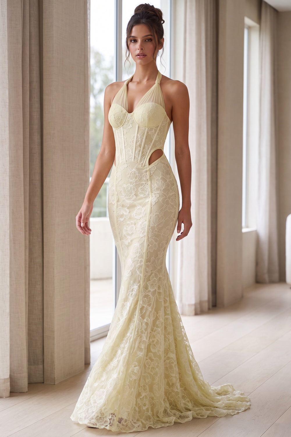 Pale Yellow Floral Lace Mermaid Gown pale yellow floral lace gown - product view 8