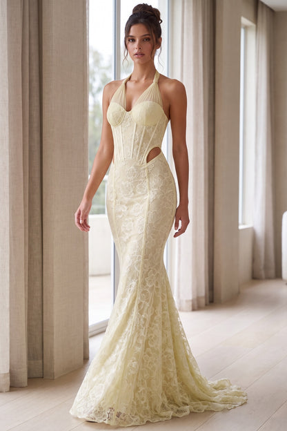 Pale Yellow Floral Lace Mermaid Gown pale yellow floral lace gown - product view 8