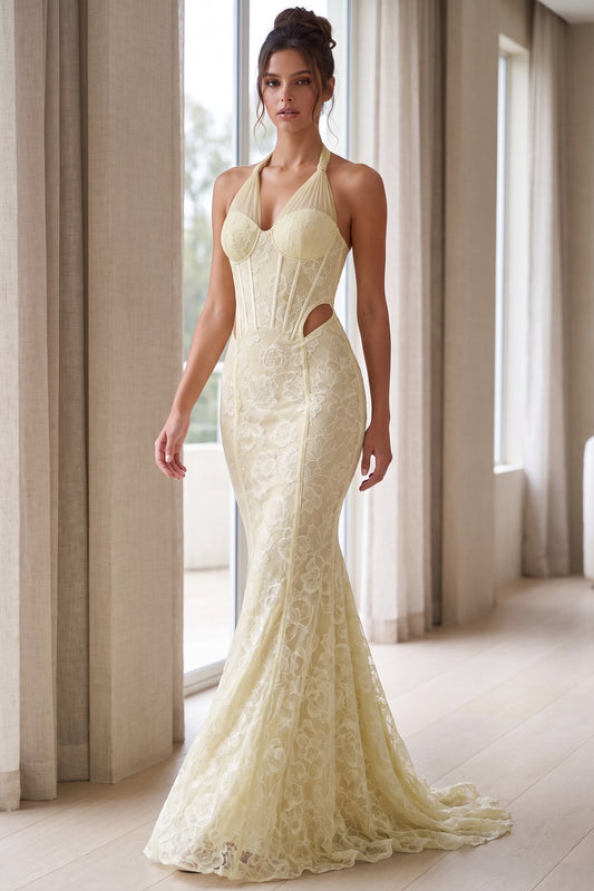 Pale Yellow Floral Lace Mermaid Gown pale yellow floral lace gown - product view 8