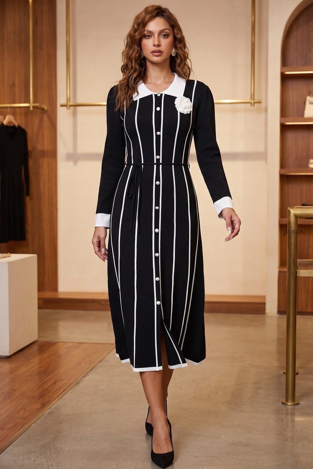Black Fine-Gauge Ribbed Knit A-Line Midi Dress black fine-gauge ribbed knit dress - product view 8