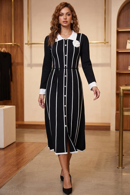 Black Fine-Gauge Ribbed Knit A-Line Midi Dress black fine-gauge ribbed knit dress - product view 8