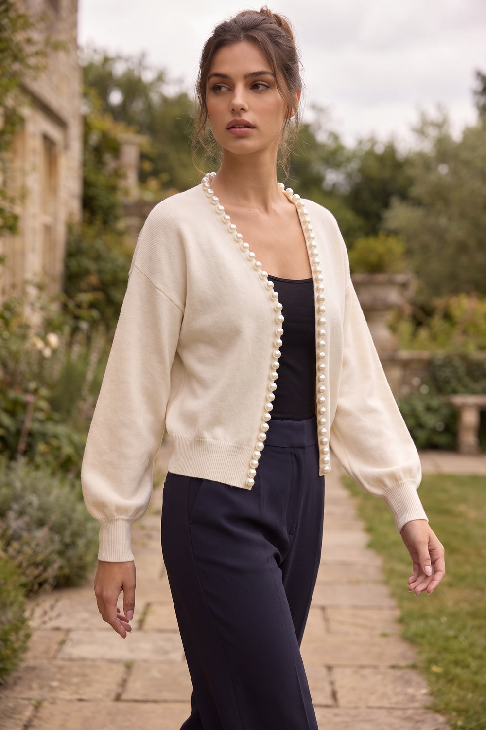 Cream Fine Knit Boxy Cropped Cardigan with Pearl Trim cream, off-white fine knit cardigan - product view 8