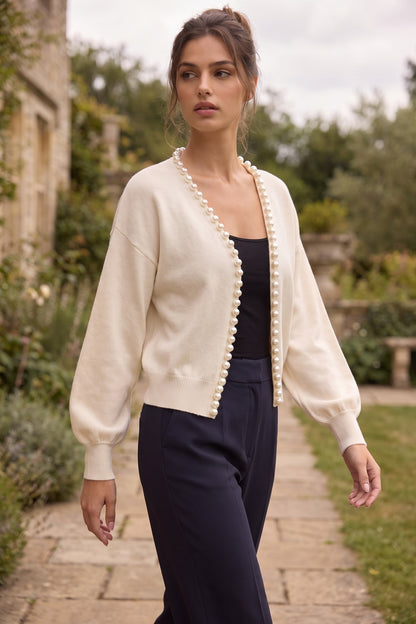 Cream Fine Knit Boxy Cropped Cardigan with Pearl Trim cream, off-white fine knit cardigan - product view 8