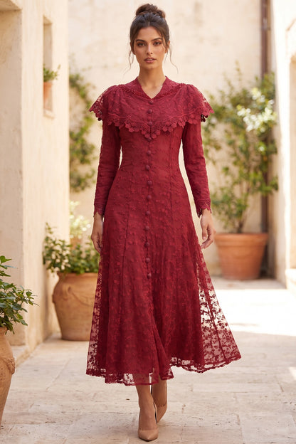 Deep Red Embroidered Floral Lace A-Line Midi Dress deep red embroidered floral lace overlay dress - product view 8