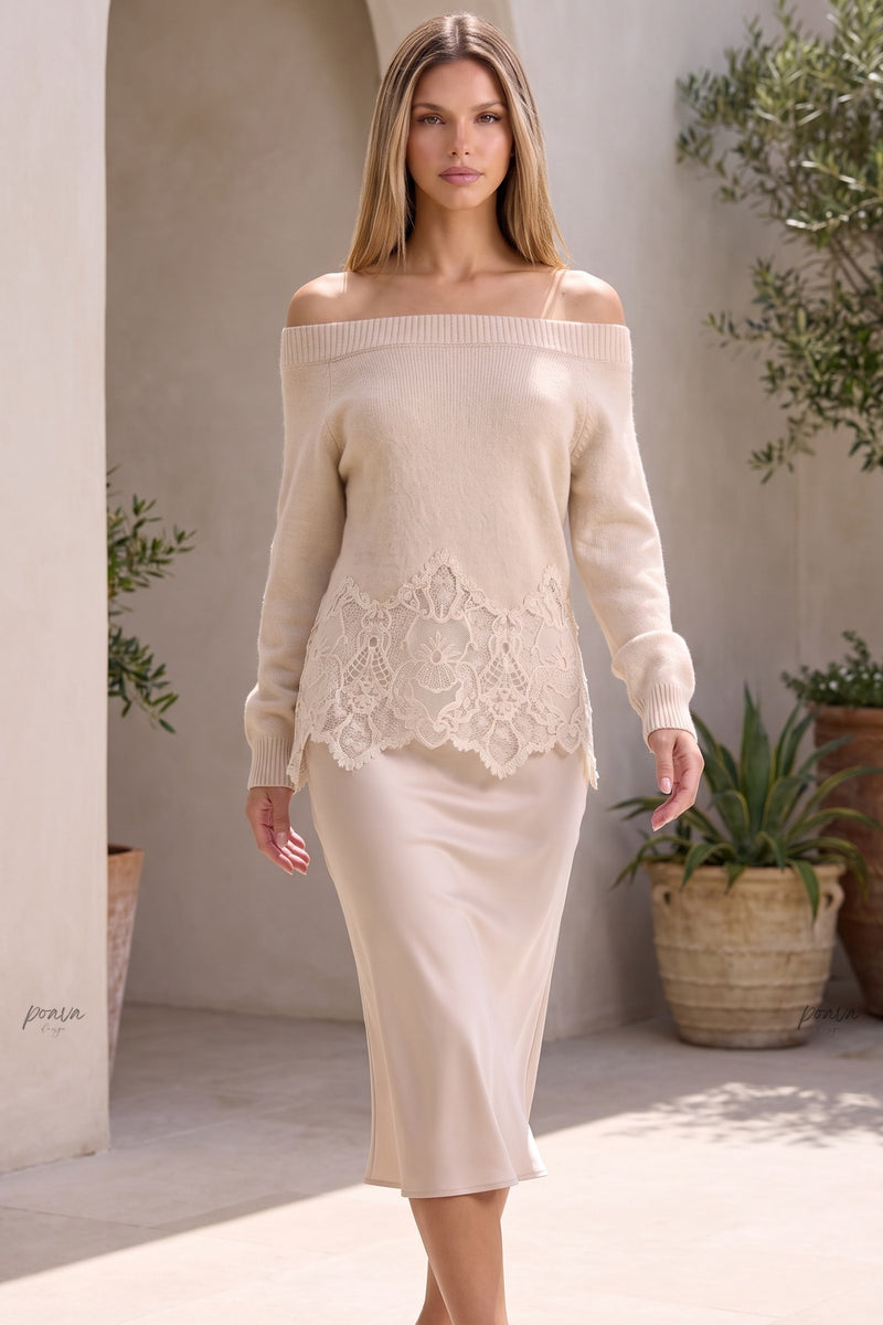 Beige Off-the-Shoulder Knit Top & Satin Midi Skirt Two-Piece Set