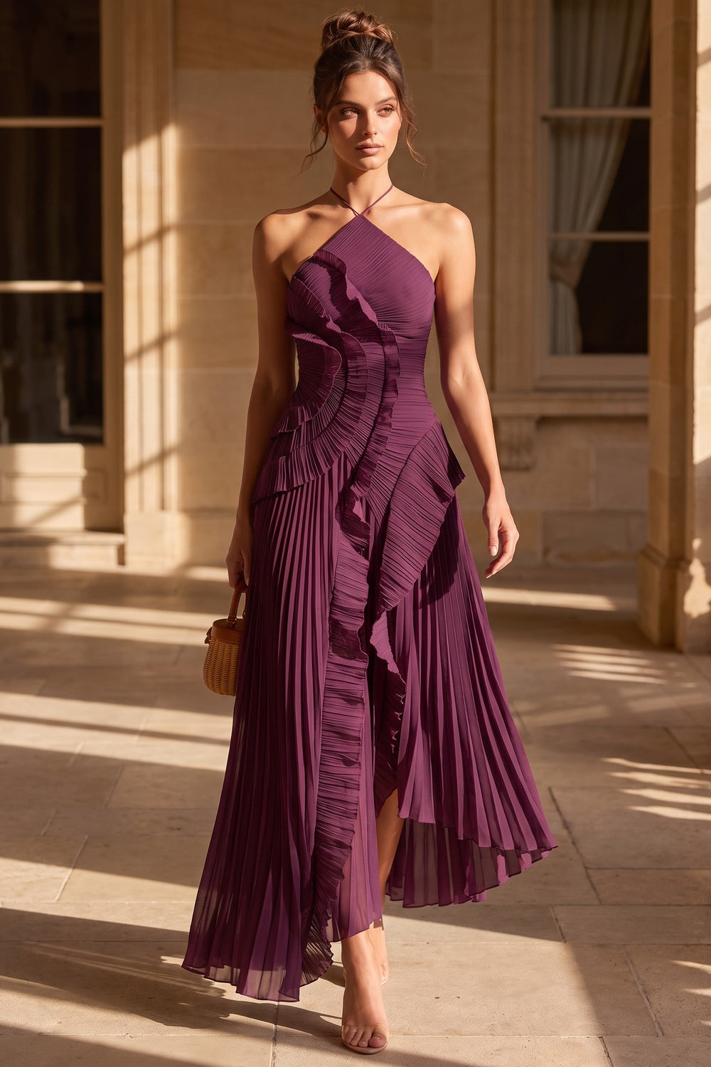 Deep Plum Asymmetrical Pleated Ruffle A-Line Dress deep plum pleated chiffon or georgette dress - product view 8