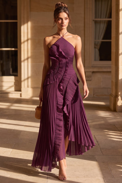 Deep Plum Asymmetrical Pleated Ruffle A-Line Dress deep plum pleated chiffon or georgette dress - product view 8