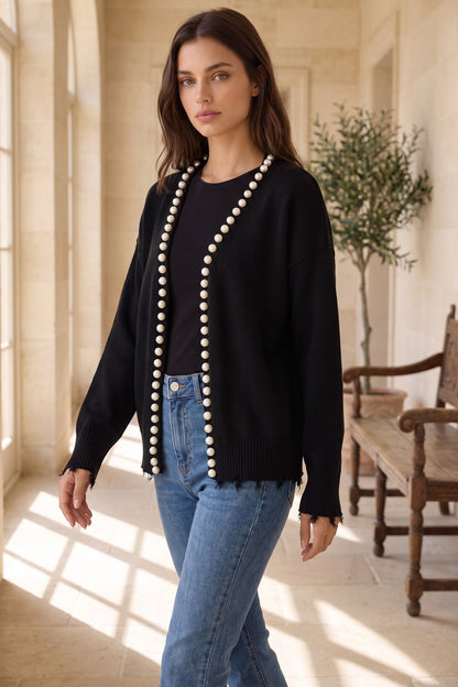Black Knit Cardigan with Pearl Trim and Frayed Details black knit cardigan - product view 8