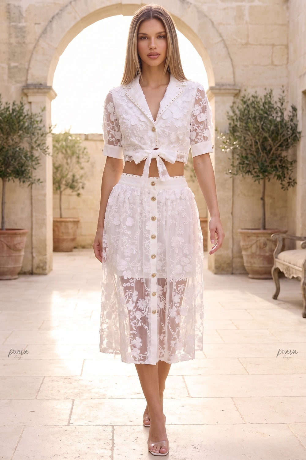 White 3D Floral Embroidery Two-Piece Set with Gold Hardware white sheer white mesh with dense 3D floral embroidery two-piece set - product view 8