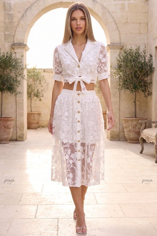 White 3D Floral Embroidery Two-Piece Set with Gold Hardware white sheer white mesh with dense 3D floral embroidery two-piece set - product view 8