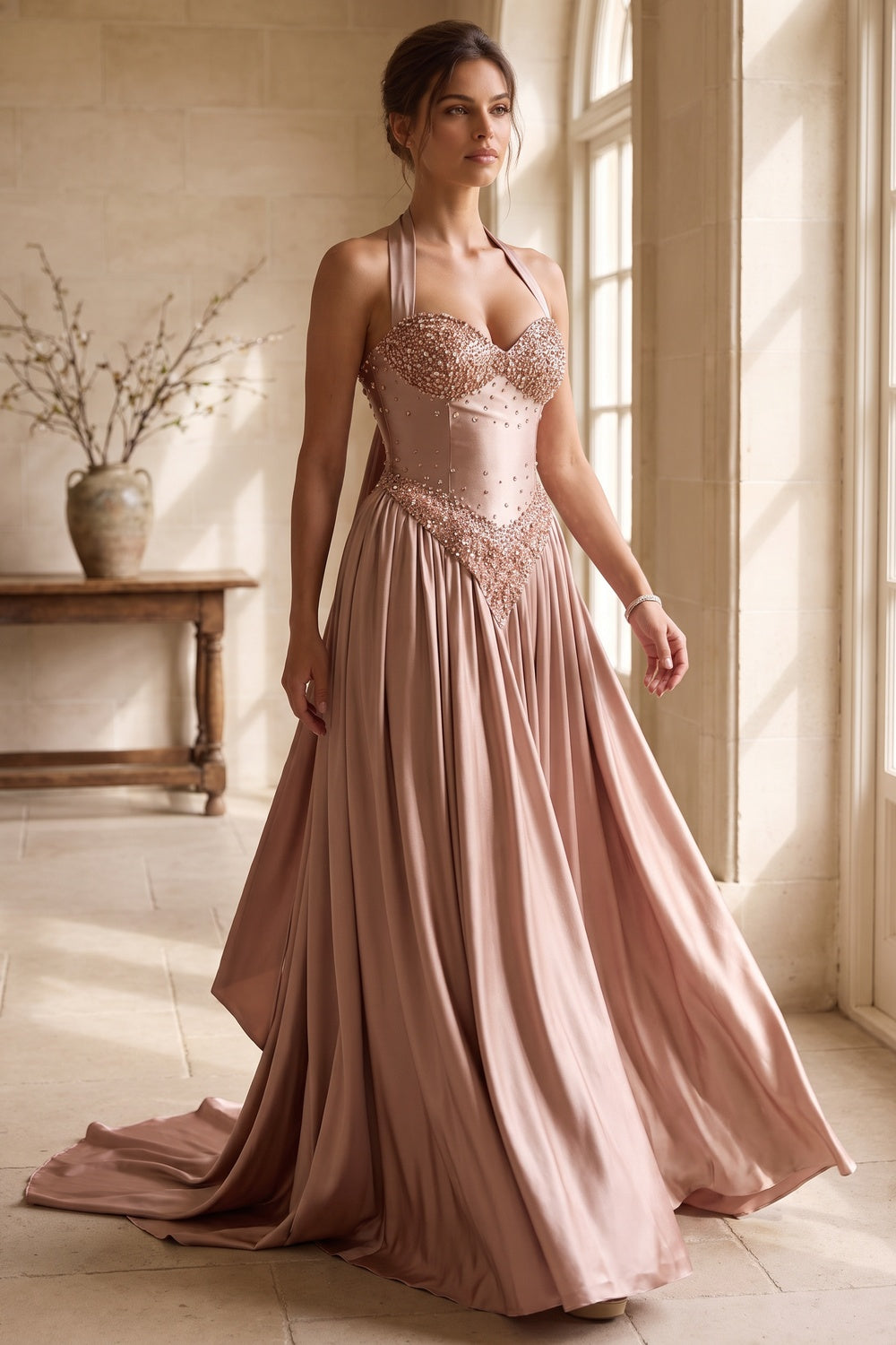 Rose Gold Satin A-Line Evening Gown rose gold, dusty rose satin evening gown - product view 8