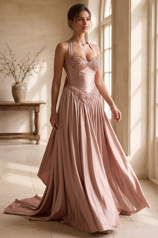 Rose Gold Satin A-Line Evening Gown rose gold, dusty rose satin evening gown - product view 8