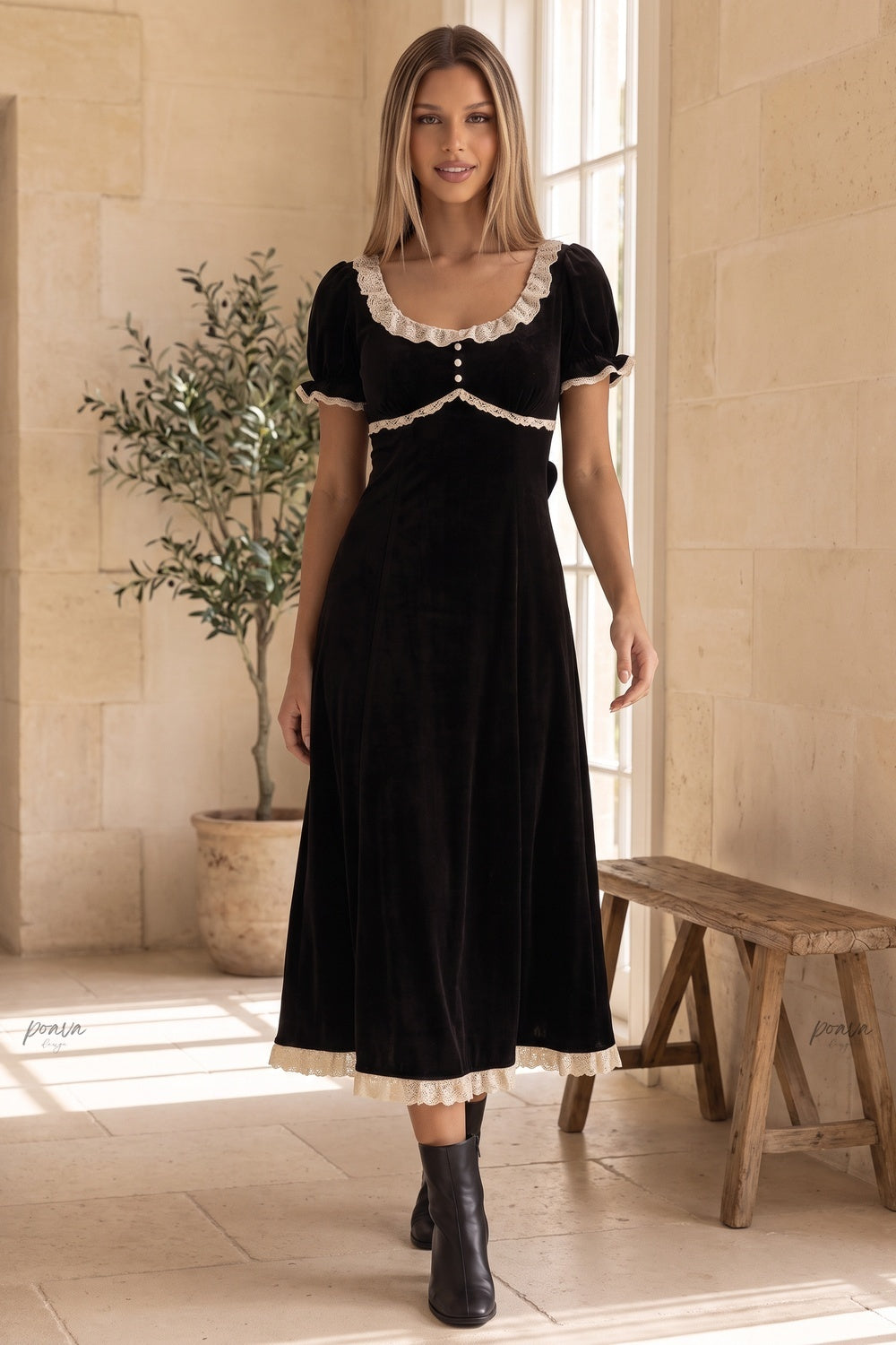 Black Velvet Empire-Waist A-Line Dress with Cream Lace Trim black velvet dress - product view 8