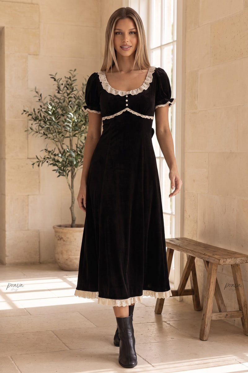 Black Velvet Empire-Waist A-Line Dress with Cream Lace Trim