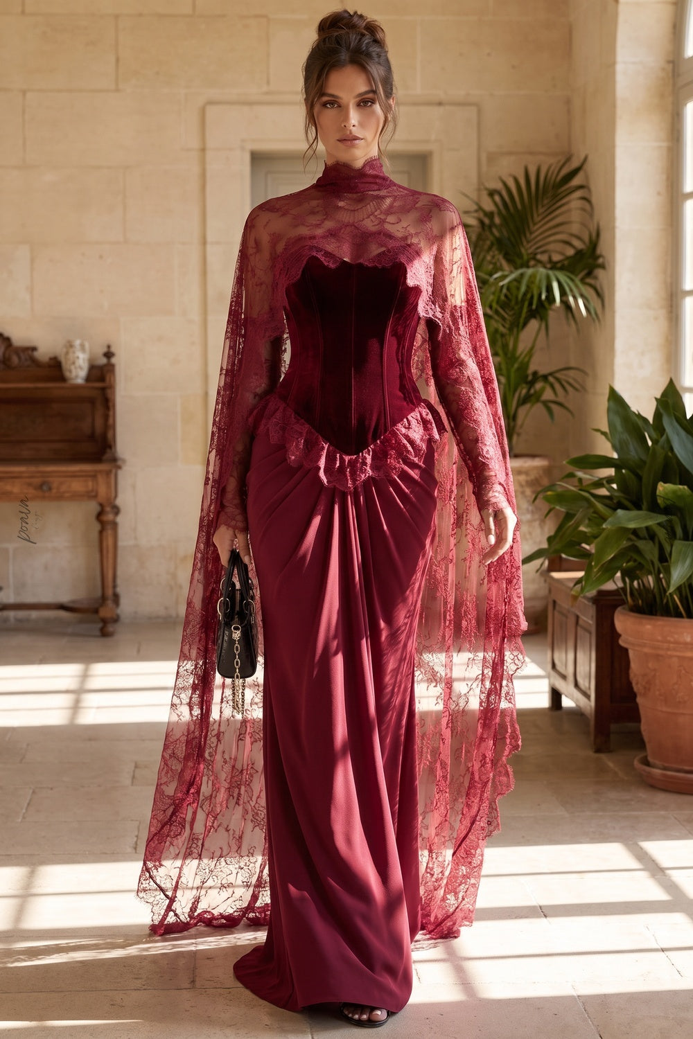Burgundy Velvet Corset Evening Gown with Lace Cape Overlay burgundy velvet (bodice), fluid crepe/satin (skirt) evening gown - product view 8