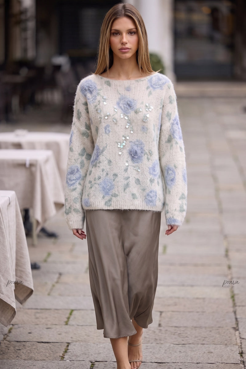 Off-White Mohair-Blend Knit Sweater with Floral Rose Pattern