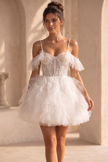 White Tulle Fit-and-Flare Mini Dress with Floral Lace Appliqué white tulle dress - product view 8