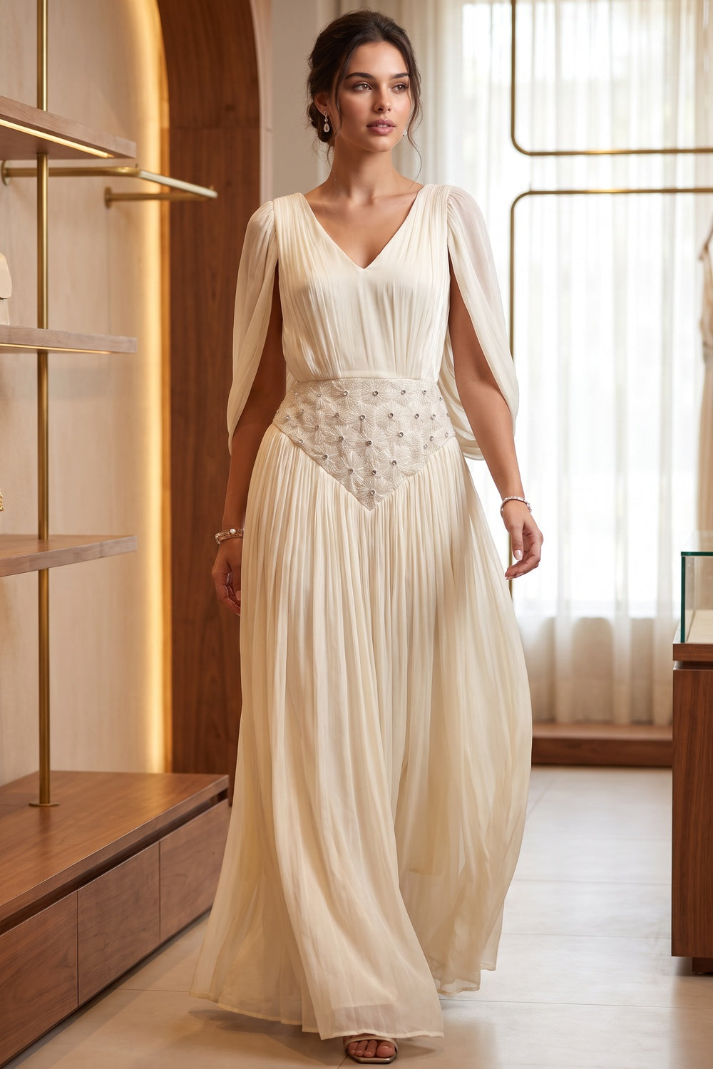 Cream Chiffon A-Line Gown with Cape Sleeves cream chiffon gown - product view 8