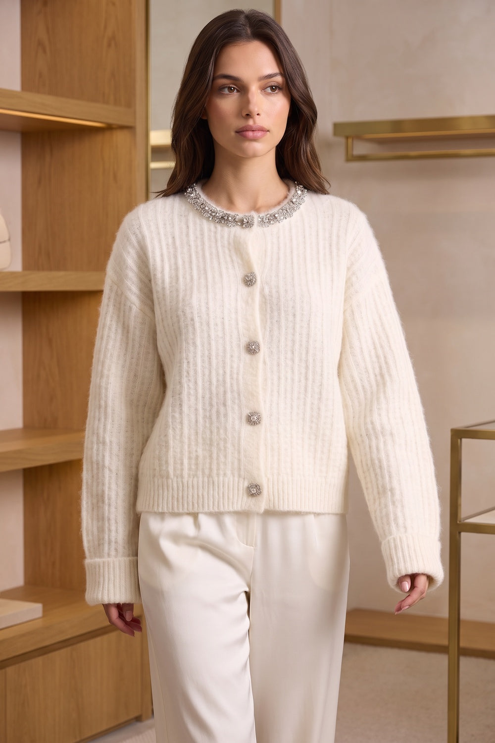 Off-White Mohair Cardigan with Rhinestone Trim off-white mohair-blend knit cardigan - product view 8