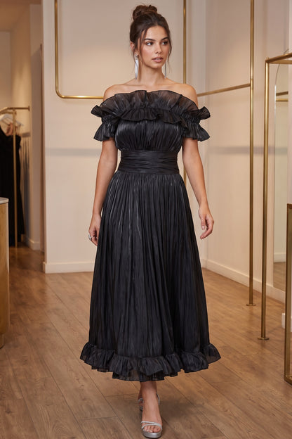 Black Pleated Organza Fit-and-Flare Midi Dress black pleated organza or taffeta dress - product view 8