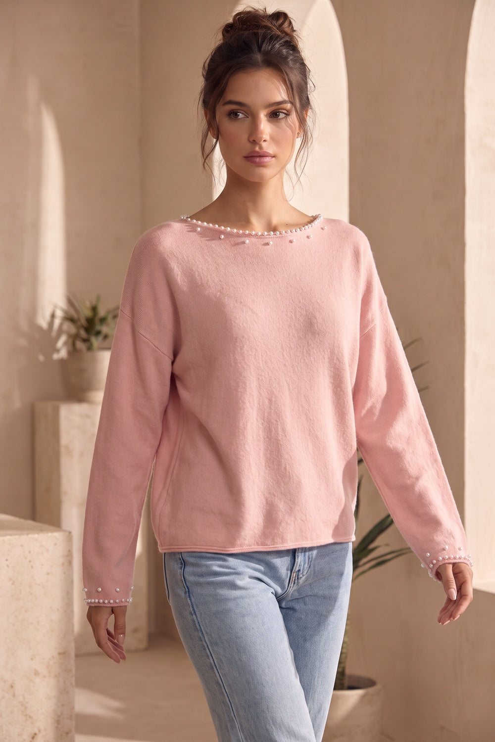 Pastel Pink Pearl Trim Drop Shoulder Sweater pastel pink soft fine knit sweater - product view 8