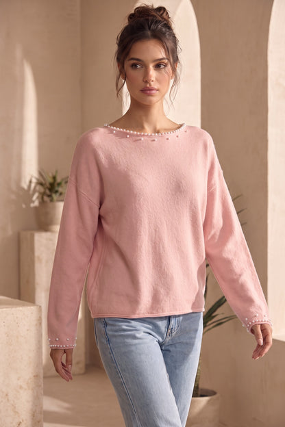Pastel Pink Pearl Trim Drop Shoulder Sweater pastel pink soft fine knit sweater - product view 8