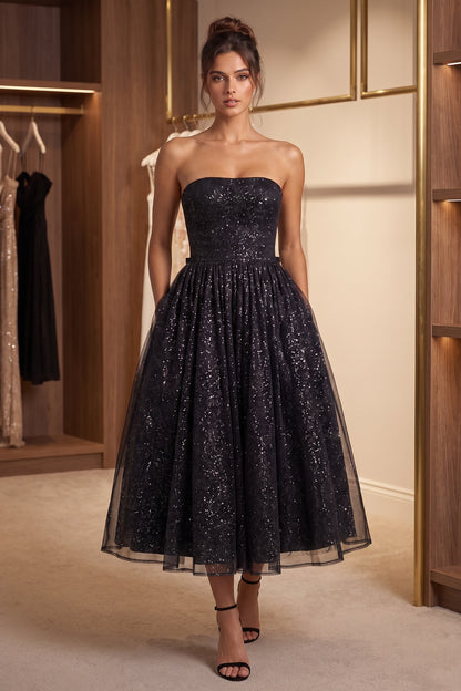 Black Glitter Tulle A-Line Midi Dress black glitter tulle dress - product view 8