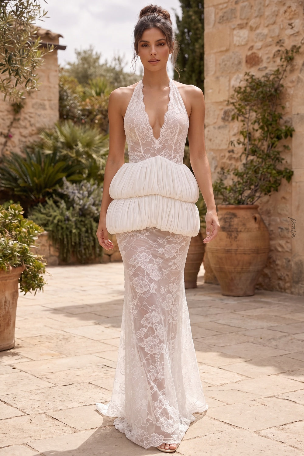 White Floral Lace Mermaid Gown with Bubble Peplum white floral lace gown - product view 8