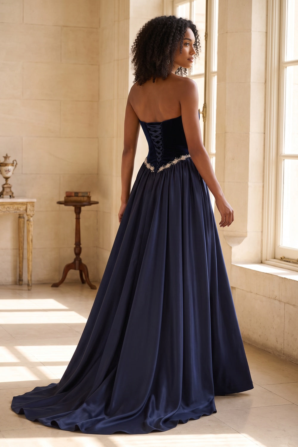 Navy Blue Strapless Velvet and Satin Evening Gown Premium Fabric - product view 2