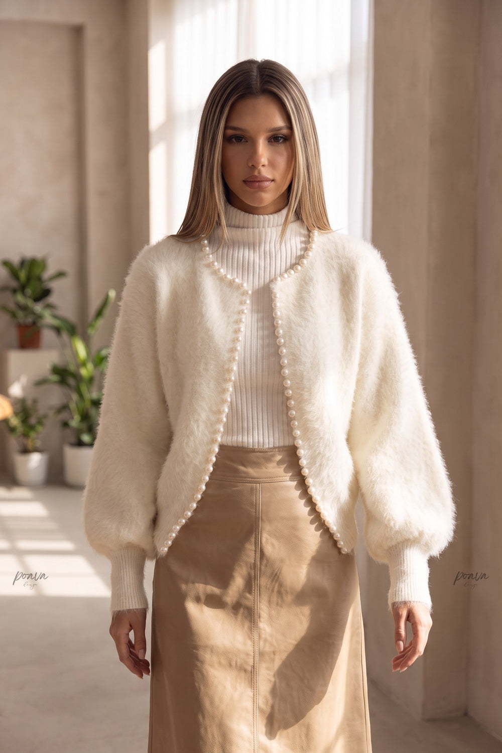 Off-White Fuzzy Mohair-Style Knit Cardigan with Pearl Trim off-white fuzzy mohair-style knit cardigan - product view 8