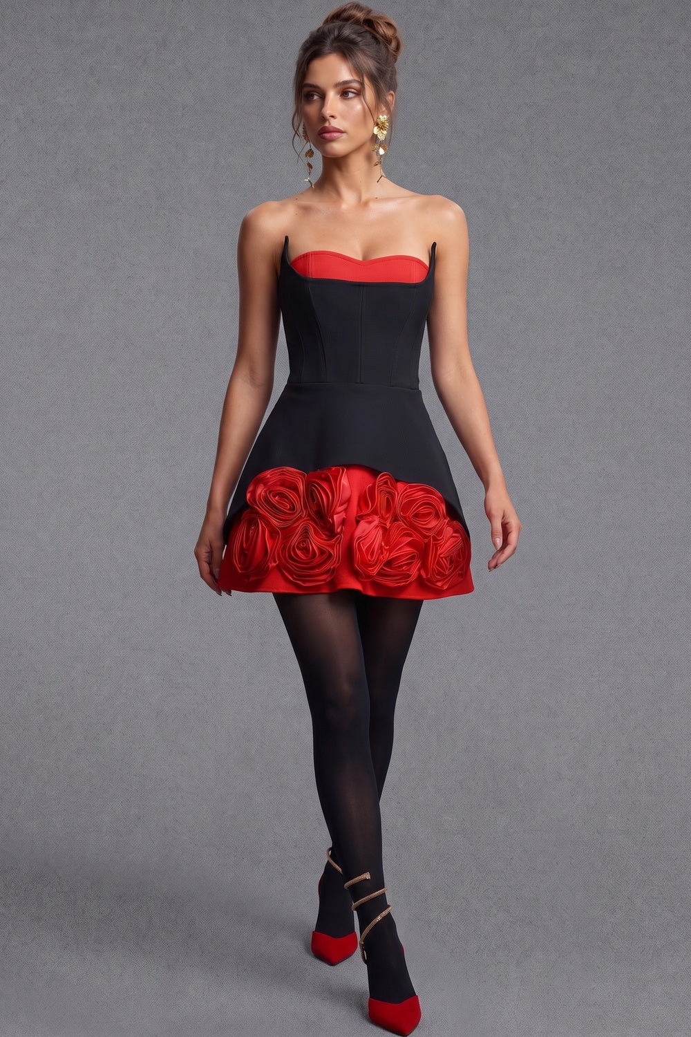 Black Structured Corset Mini Dress with 3D Red Satin Roses black structured matte woven fabric strapless mini dress - product view 8