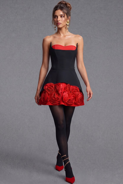 Black Structured Corset Mini Dress with 3D Red Satin Roses black structured matte woven fabric strapless mini dress - product view 8