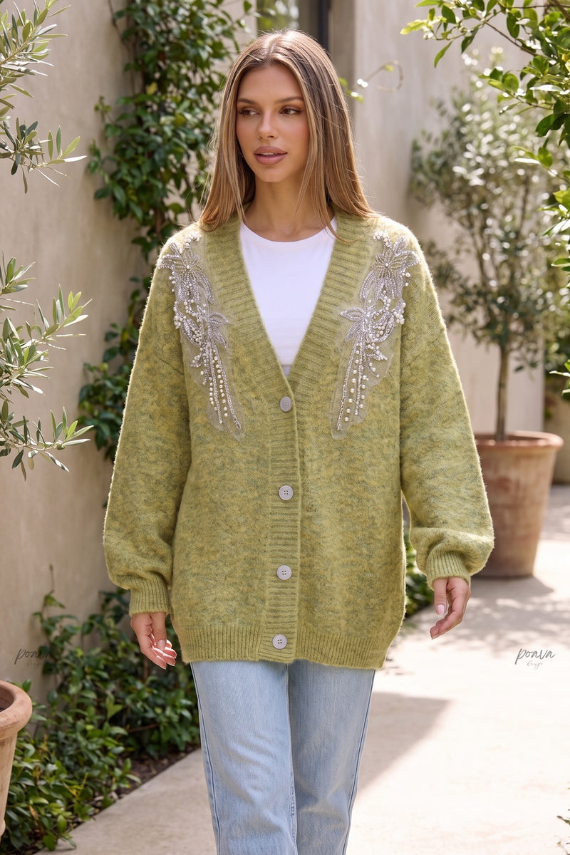Chartreuse Heathered Knit Oversized Cardigan with Beaded Pearl Shoulders
