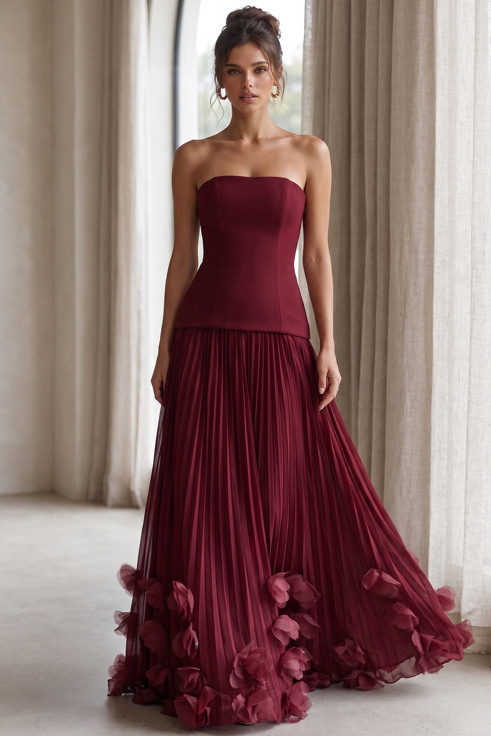 Burgundy Matte Crepe Bodice Drop-Waist Column Gown burgundy matte crepe bodice, chiffon skirt gown - product view 8