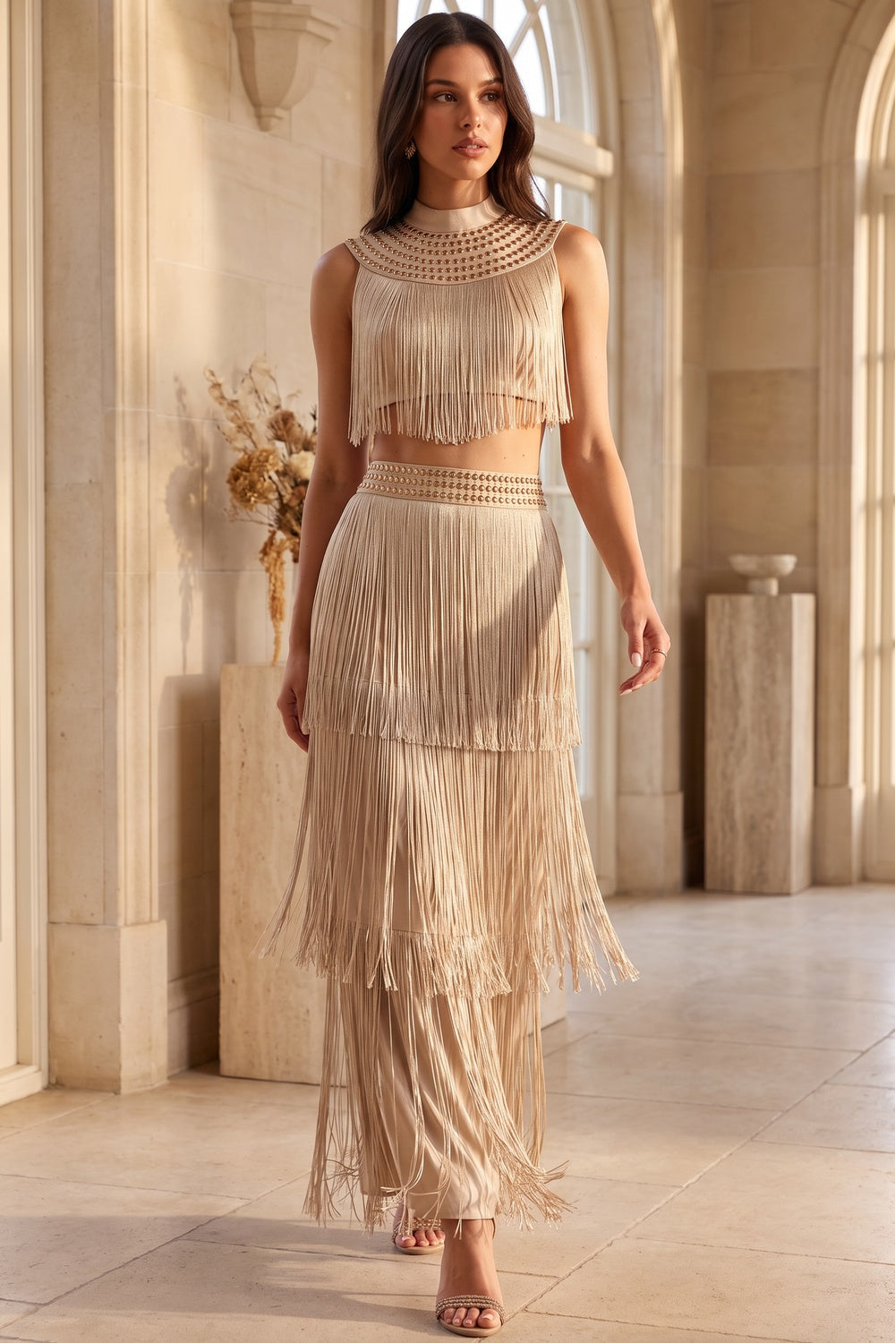 Champagne Satin Fringe Two-Piece Set with Metallic Studded Detail champagne, beige satin base with dense rayon fringe two-piece set - product view 8
