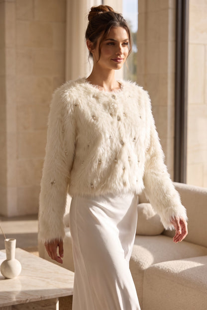 Off-White Faux Fur Shaggy Knit Cardigan With Pearl Embellishments off-white, cream faux fur / shaggy knit cardigan - product view 8