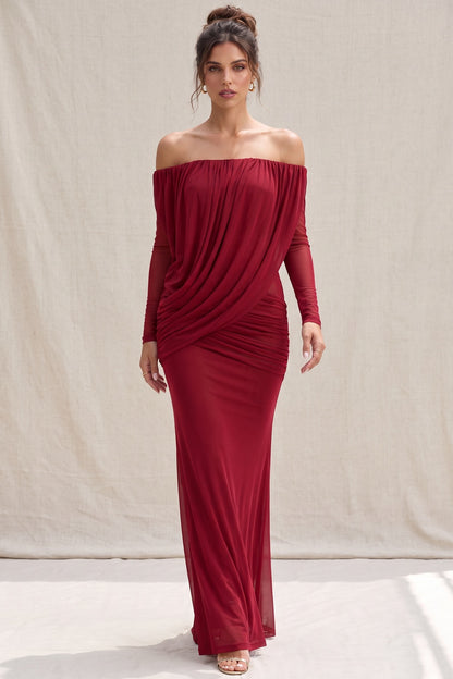 Deep Red Lightweight Stretch Mesh Column with Draped Overlay Dress deep red lightweight stretch mesh dress - product view 8