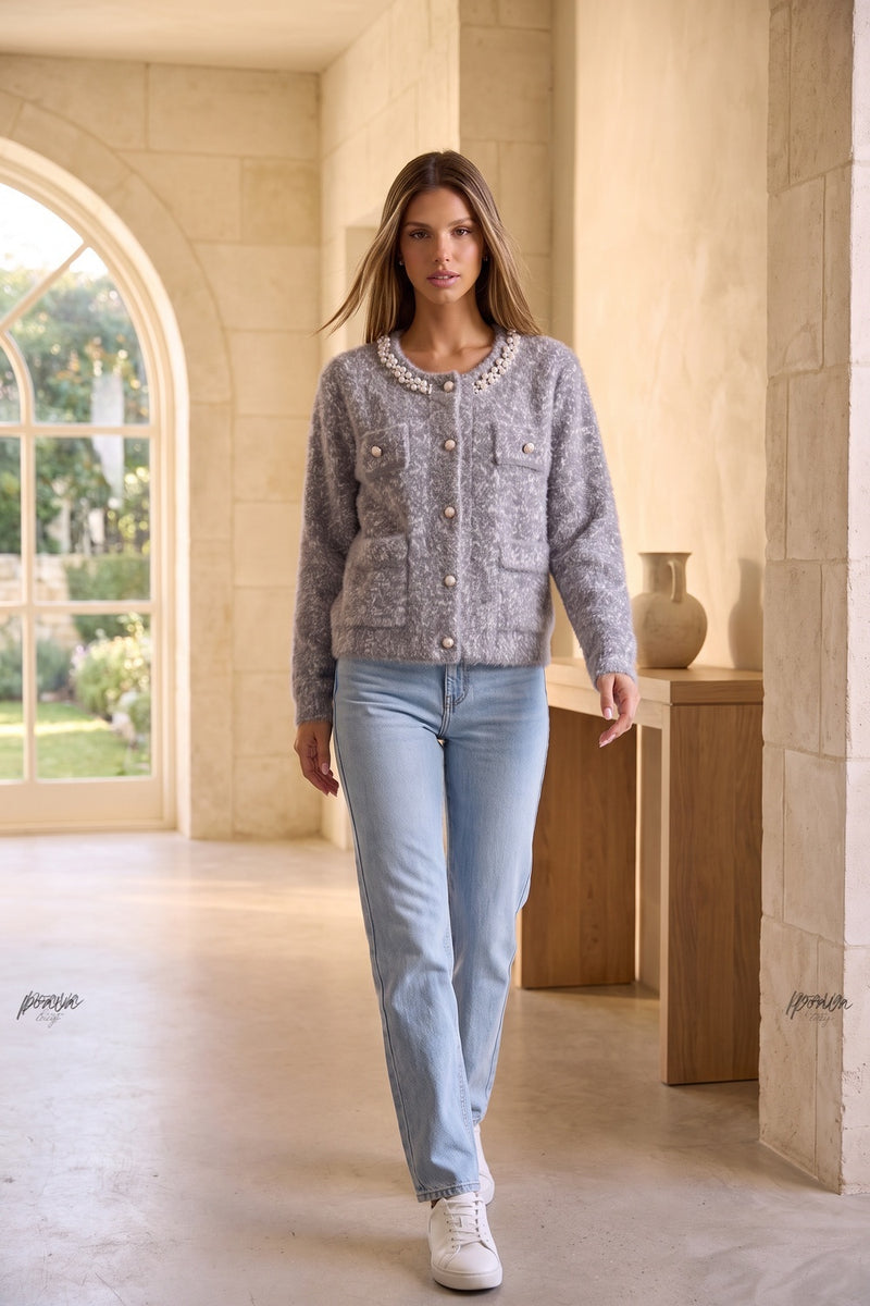 Grey Fuzzy Mohair-Blend Knit Boxy Cardigan Jacket with Pearl Bead Neckline