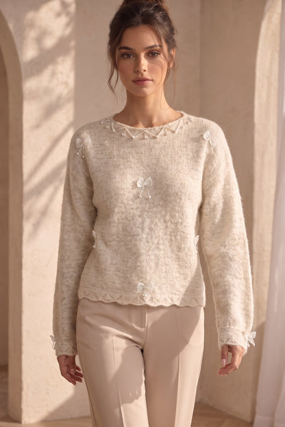 Cream Mohair-Blend Knit Sweater with Pearl and Ribbon Details cream, off-white mohair-blend knit sweater - product view 8