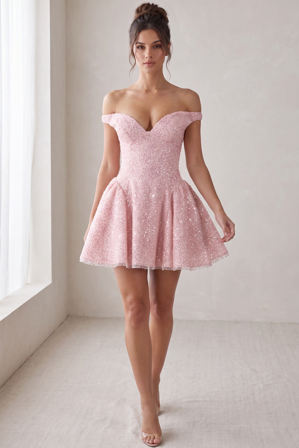 Light Pink Glitter-Embellished Tulle Fit-and-Flare Mini Dress light pink glitter-embellished tulle mini dress - product view 8
