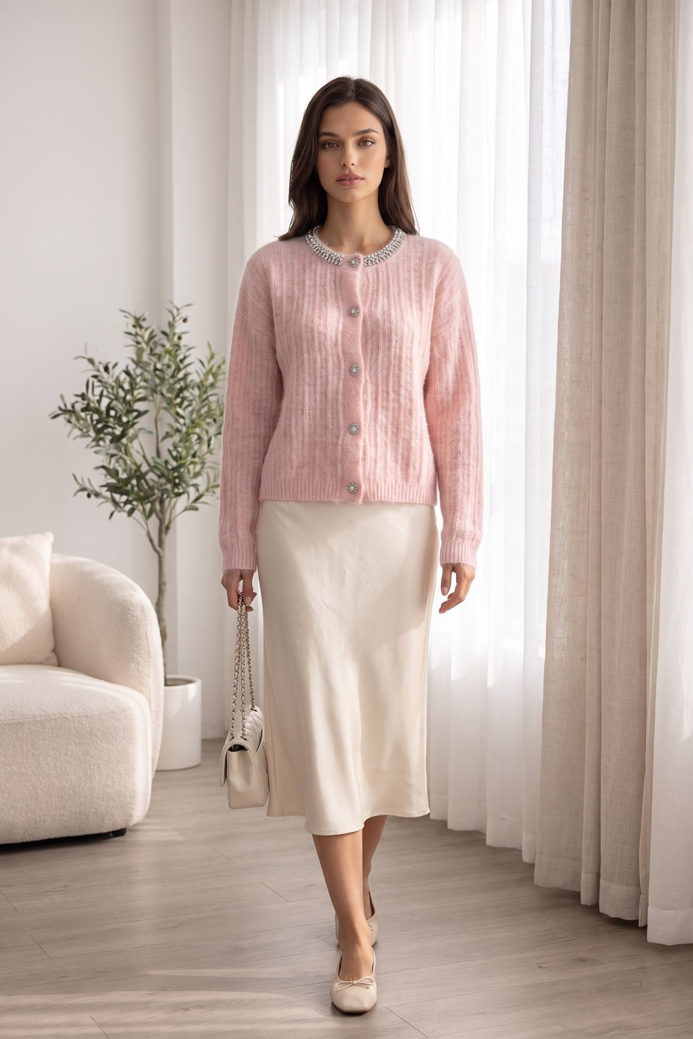 Pastel Pink Mohair-Blend Knit Cardigan with Rhinestone Embellishment pastel pink mohair-blend knit cardigan - product view 8