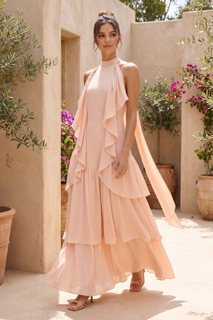 Pale Peach Lightweight Crepe A-Line Tiered Dress pale peach lightweight crepe dress - product view 8