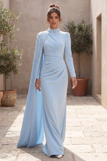 Light Blue Crepe Column with Asymmetrical Cape Evening Gown light blue crepe evening gown - product view 8