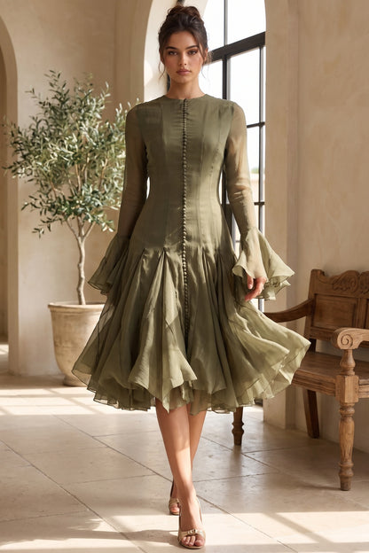 Olive Green Sheer Chiffon Fit-and-Flare Midi Dress olive green sheer chiffon dress - product view 8